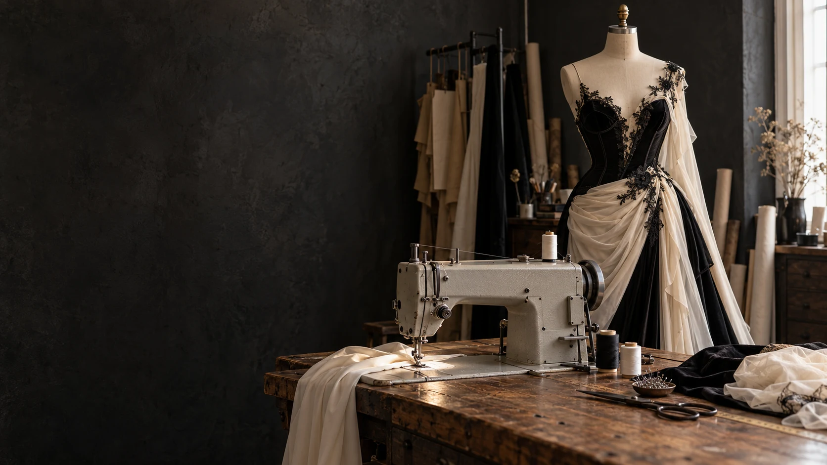 Illustrative tailoring studio: a sewing machine on a wooden workbench beside a black-and-ivory gown on a dress form